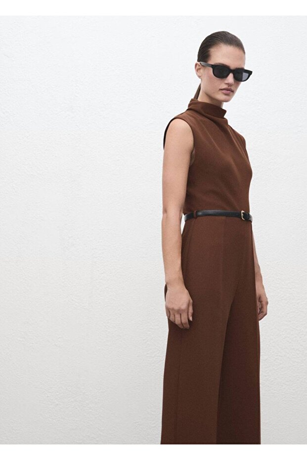 Drape yaka kemerli tulum - 5