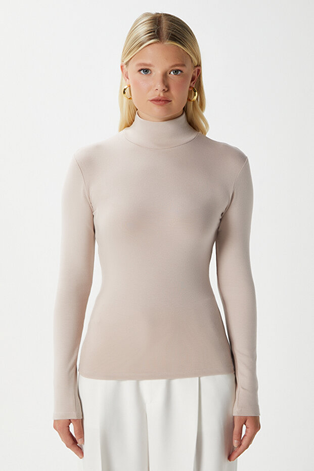 Kadın Feel Lux Touch Dik Yaka Bej Uzun Kol Soft Bluz - 4