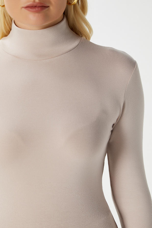 Kadın Feel Lux Touch Dik Yaka Bej Uzun Kol Soft Bluz - 5