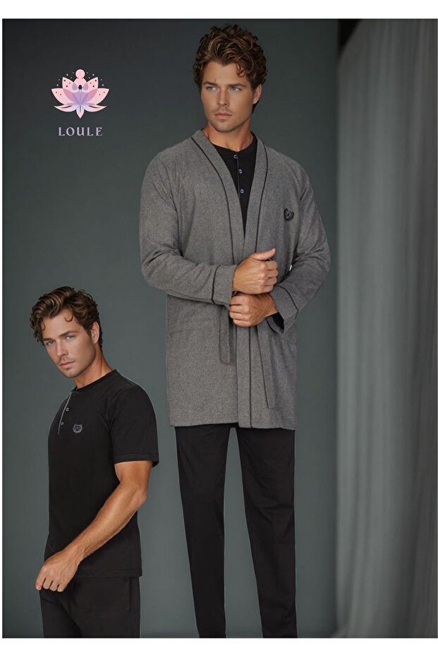 Erkek %100 Pamuk Penye 3 Parça Kutulu Robdöşambr & Uzun Kollu Pijama Takımı Set L1.ANC.355.01 - 1