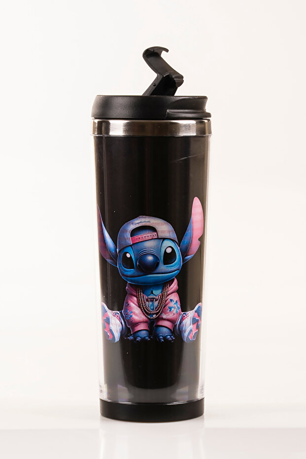 Stitch Decorated Steel Mug Thermos - 360 ml | Leak-Proof Lid, Steel Inner Bowl, 19 cm