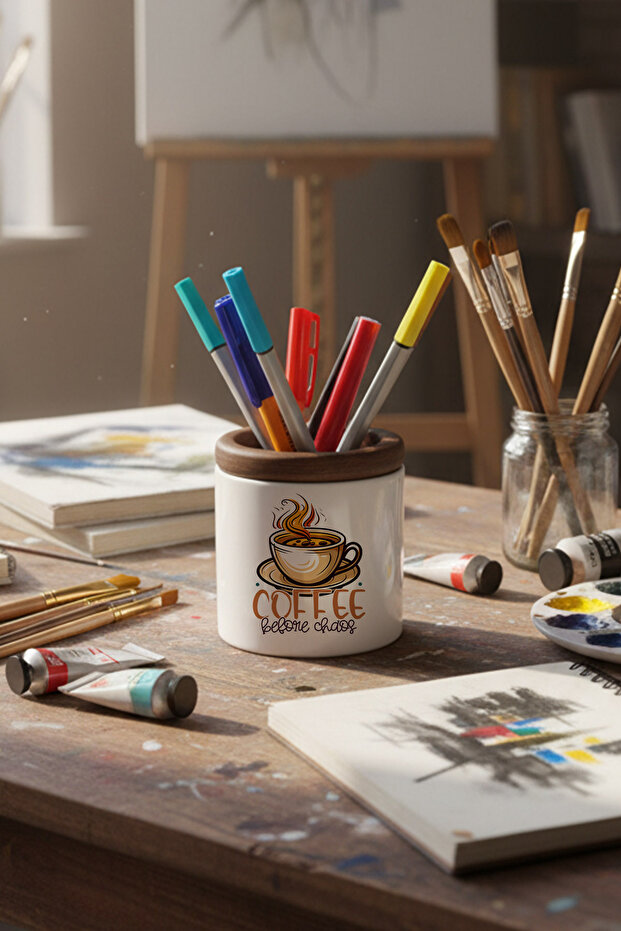 منظم سطح المكتب من السيراميك المطبوع عليه Coffee Before Chaos
