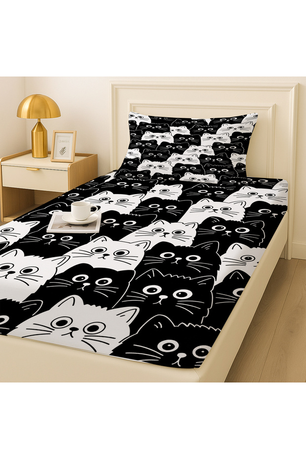 Black and White Cats Patterned Elastic Single Sheet Set with Pillowcase 100X200Cm - 1