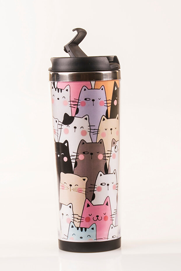 Cat Decorated Steel Mug - 360 ml | Leak-Proof Lid, Steel Inner Bowl, 19 cm