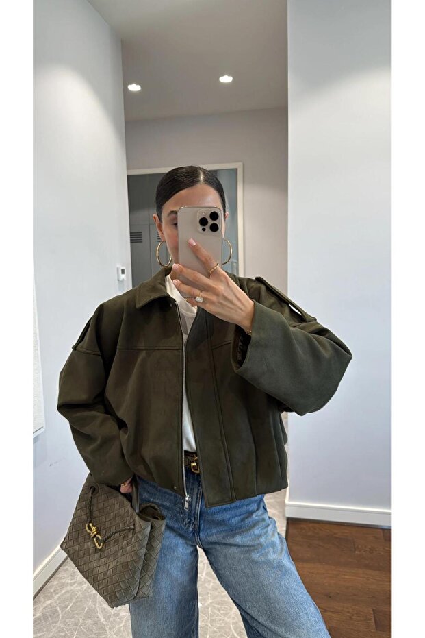 Bomber Suede Oversize Cut with Lining Design Equivalent to Shoulder Detail Coat Jacket
