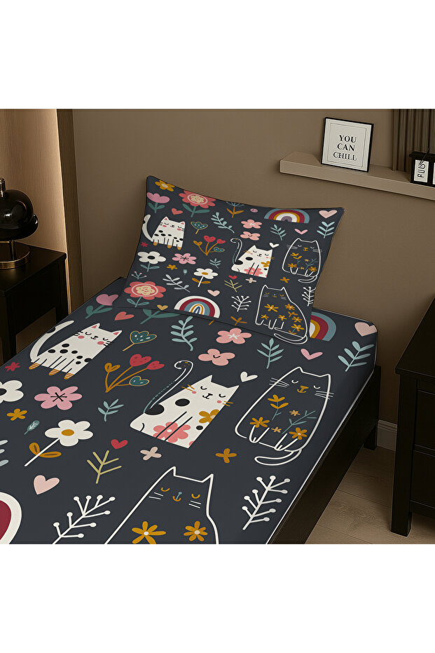 Mystical Cat Patterned Elastic Single Bed Sheet Set with Pillowcase 100X200Cm - 3