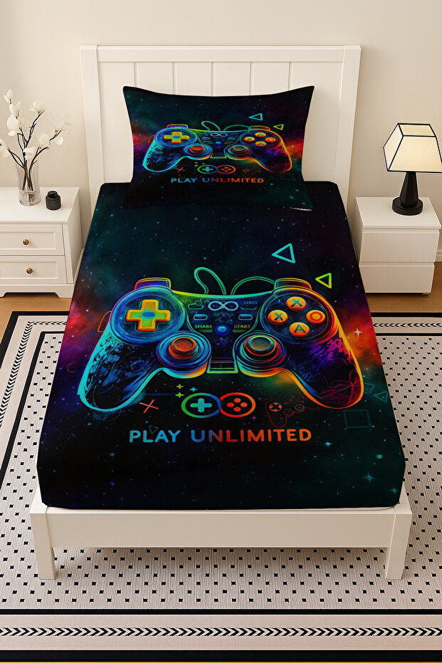 Game Console Joystick Gamer Patterned Elastic Single Bed Sheet Set with Pillowcase 100X200Cm - 2