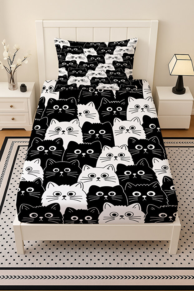 Black and White Cats Patterned Elastic Single Sheet Set with Pillowcase 100X200Cm - 2