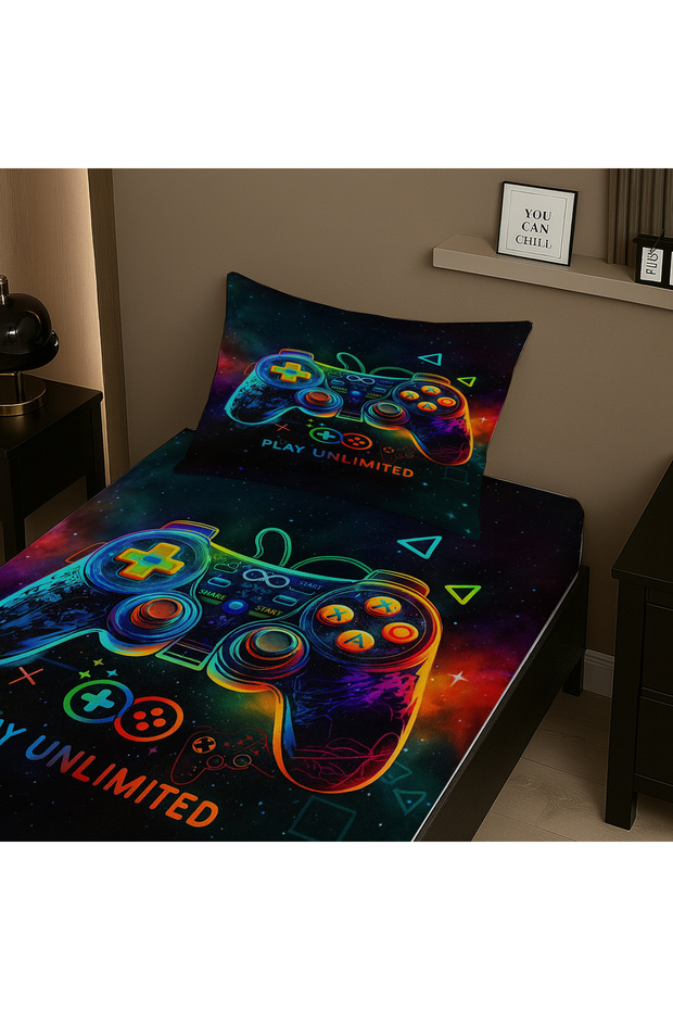 Game Console Joystick Gamer Patterned Elastic Single Bed Sheet Set with Pillowcase 100X200Cm - 3