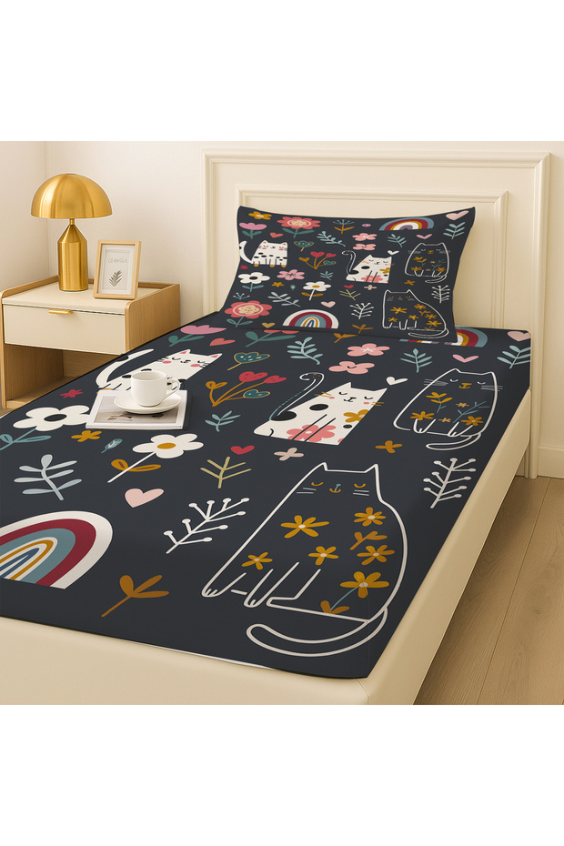 Mystical Cat Patterned Elastic Single Bed Sheet Set with Pillowcase 100X200Cm - 1