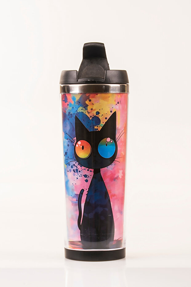 Cat Decorated Steel Mug - 360 ml | Leak-Proof Lid, Steel Inner Bowl, 19 cm