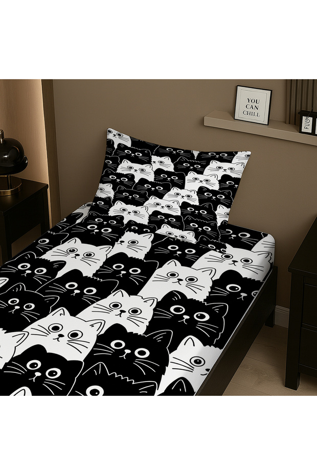 Black and White Cats Patterned Elastic Single Sheet Set with Pillowcase 100X200Cm - 3