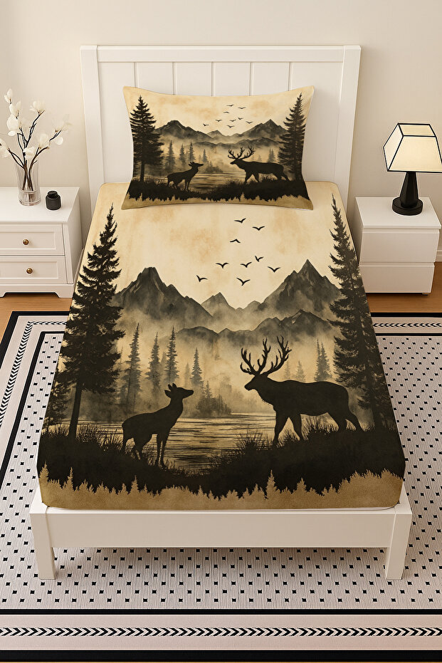 Mountain View Deer Patterned Elastic Single Bed Sheet Set with Pillowcase 100X200Cm - 2