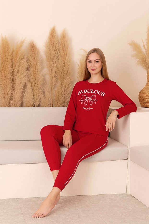 Women's Bow Print Long Sleeve Combed Cotton Fabric Seasonal Sports Pajama Set