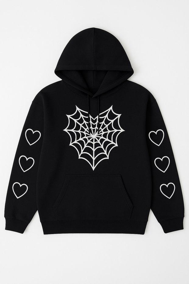 Women's Hooded Sweatshirt – Spider Web Pattern on the Front, Heart Print on the Sleeves Hoodie