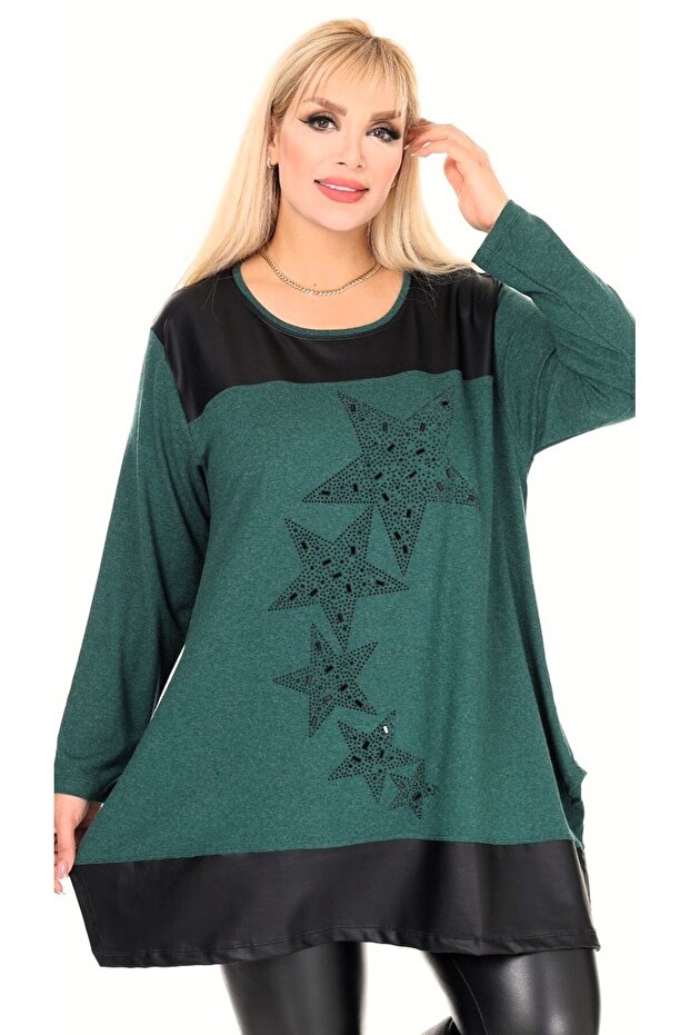 Leather Skirt Star Stone Embroidered Round Neck Long Sleeve Tunic