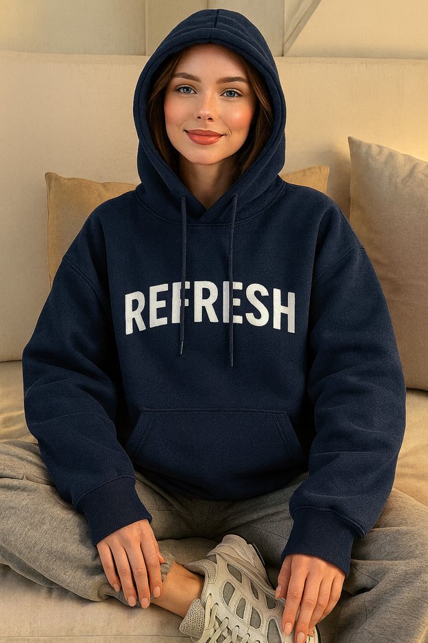 Women's Three Thread Hooded Sweatshirt Refresh Printed Casual Oversize Kangaroo Pocket Hoodie