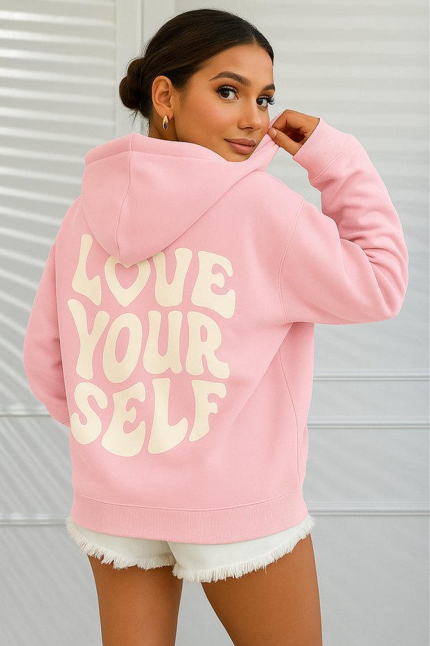 Women's Oversize Hooded Sweatshirt Love Yourself Letter Print on Back Three Thread Kangaroo Pocket