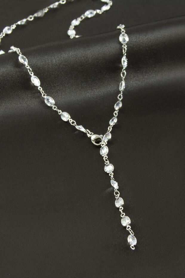 Oval Zircon Stone Steel Y Necklace