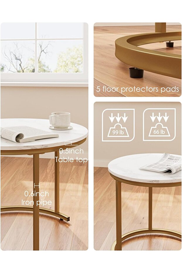 Round Coffee Tables, Removable Set of 2 End Table, Nesting Tables with Gold Metal Frame Legs and Mar - 6