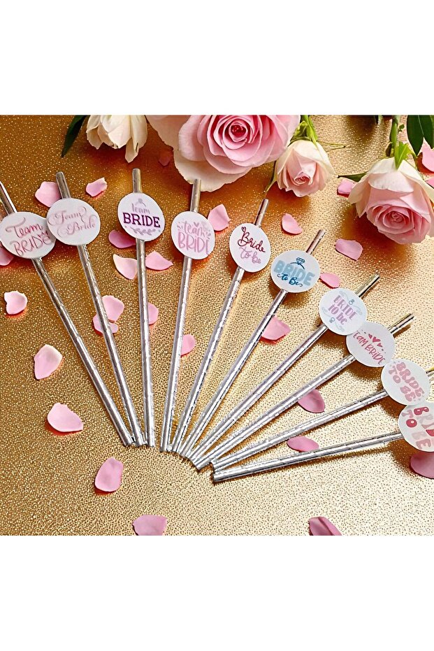 10 Pieces Bride to Be Bachelorette Themed Silver Metallic Paper Straws