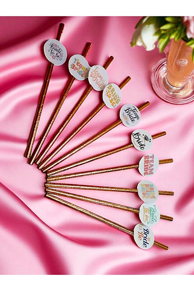 10 Pieces Bride to Be Bachelorette Themed Copper Rose Gold Metalized Paper Straws