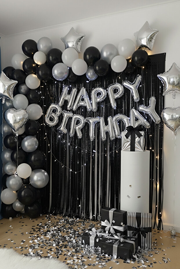 Silver Happy Birthday Foil Balloon Set Black White Silver Birthday Party Set Decorations