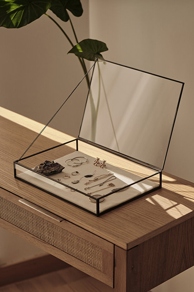 Black Glass Box with Lid Pen Holder Organizer Chocolate Box with White Linen Base 35X25X5Cm