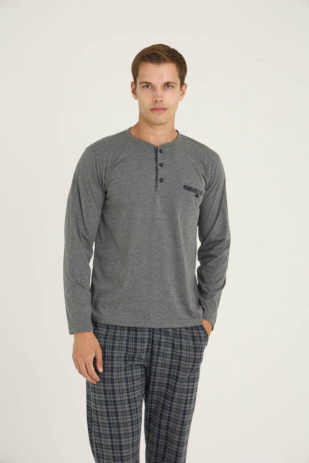 100% COTTON 4 SEASONS FABRIC BOTTOM PLAIDED LONG SLEEVE MEN'S PAJAMAS SET 9223