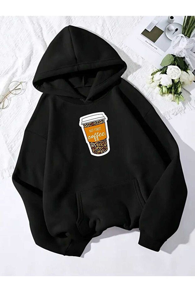 Unisex Trend Oversize Hooded Sweatshirt with Coffee Print Design