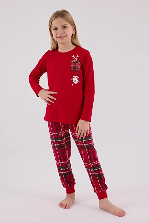 100% Cotton Christmas Themed Long Sleeve Girls' Pajama Set