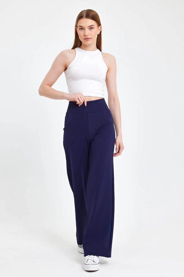 Women's Navy Blue Corset High Waist Pocketed Palazzo Wide Leg Crepe Fabric Pants