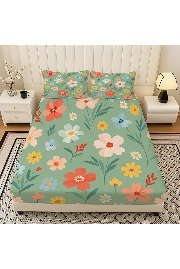 Tiny Flowers Patterned Elastic Double Sheet Set with Pillowcases 160X200Cm - 1