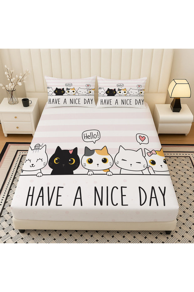 Tiny Cat Patterned Elastic Double Bed Sheet Set with Pillowcases 160X200Cm - 1