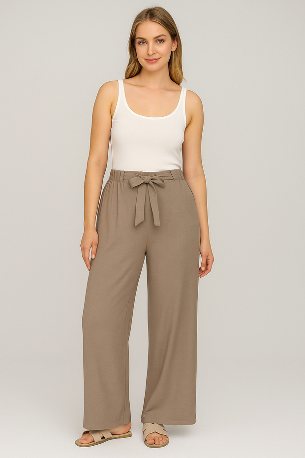 Women's Milk Coffee Belted Elastic Waist Comfortable Cut Palazzo Linen Trousers