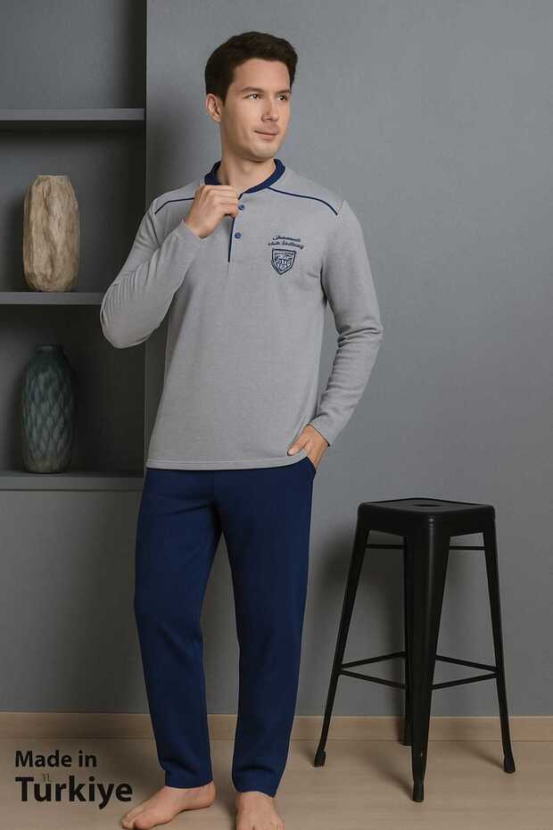 Men's Buttoned Collar 100% Cotton Seasonal Knitted Combed Cotton Long Sleeve Pajamas Set