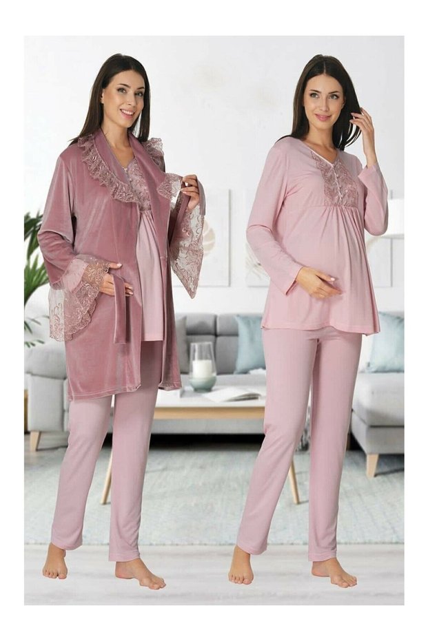 Velvet Powder Lace Special Design Winter Maternity Maternity Dressing Gown Pajama Set