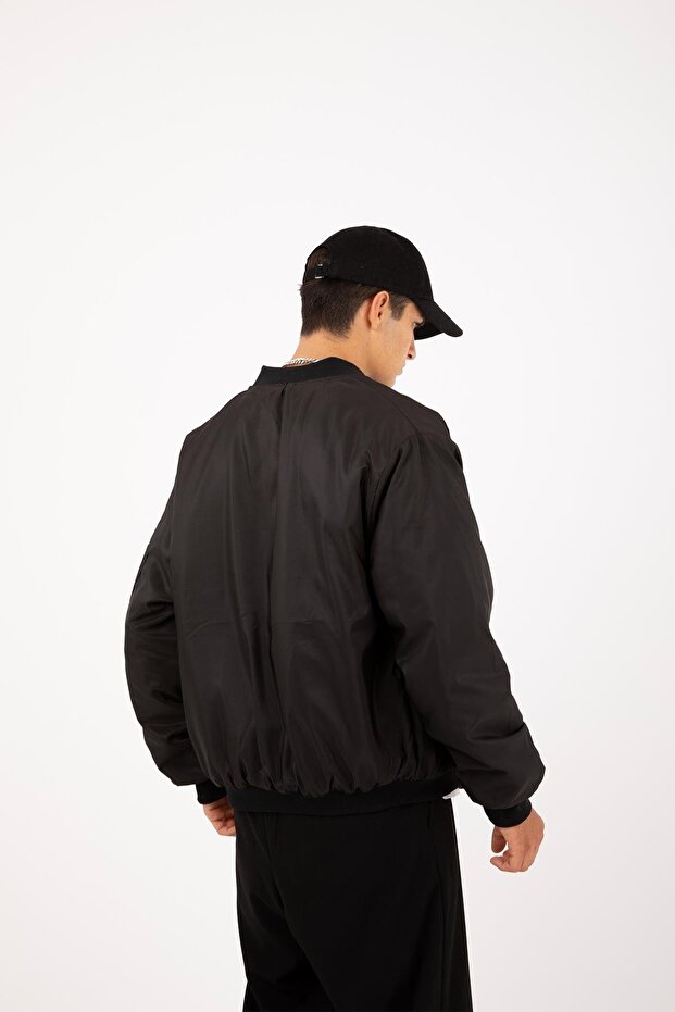 Siyah Oversize Bomber Kolej Ceket - 4