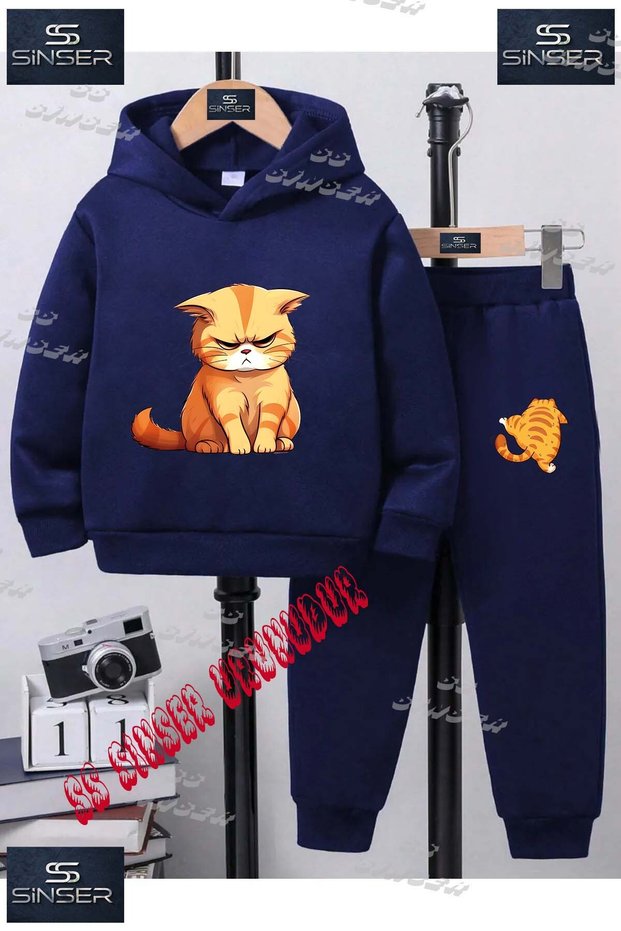 Children's Unisex Custom Printed Hoodie and Sweatpants Set with the Text: "Cat Squeaking Orange"