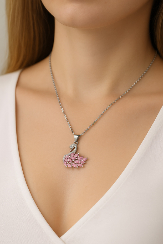 Women's Tarnish-Free Steel Silver Swan Design Special Design Necklace with Pink Stones – Gift