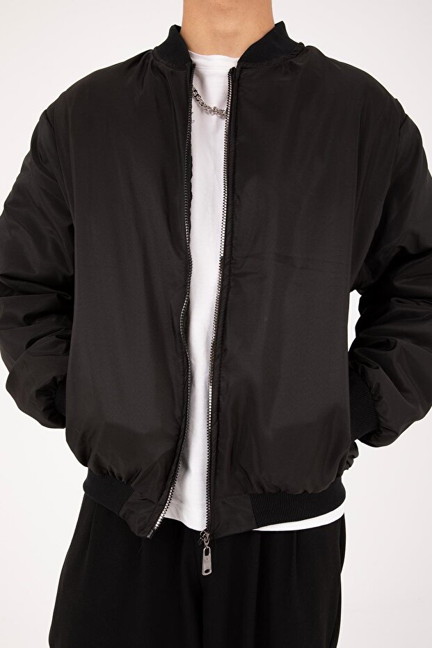 Siyah Oversize Bomber Kolej Ceket - 5