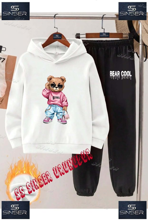 Children's Unisex Custom Printed Hoodie Tracksuit Set with the Text: "Bear with Pink Sweater Girl Written on It".