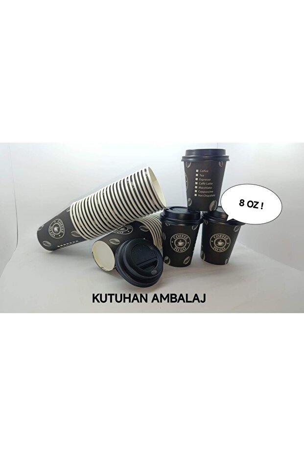 8 Oz Siyah Emzik Kapaklı Karton Çay,Kahve,Sıcak Çikolata,Espresso,Latte Bardağı - 2