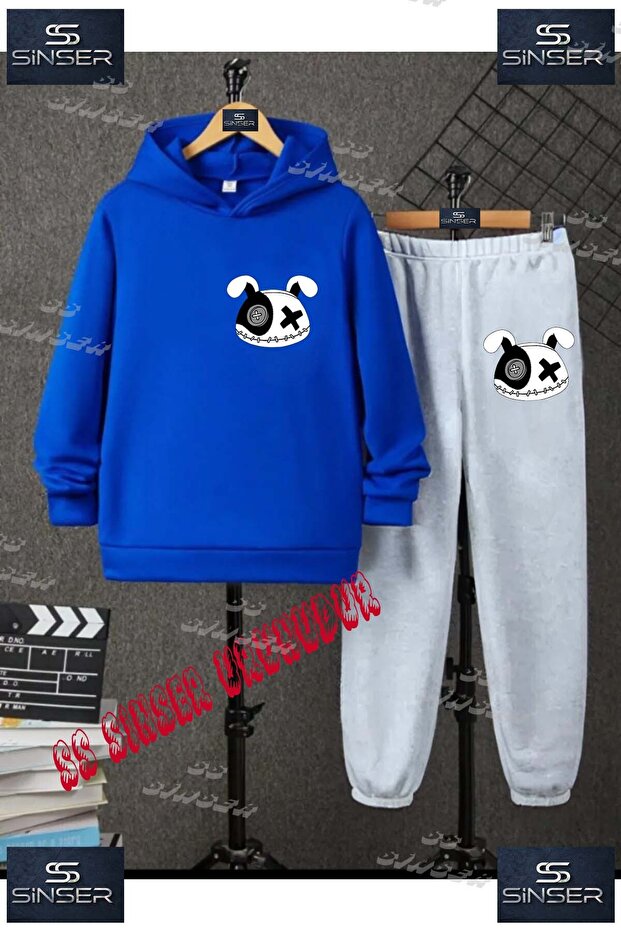 Children's Unisex Custom Printed Hoodie and Sweatpants Set with a Patched Bear Head on the Left Chest