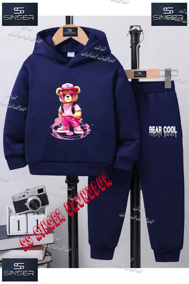 Children's Unisex Custom Printed Hoodie and Sweatpants Set with the Text: "Bear in Pink Canvas Clothing".