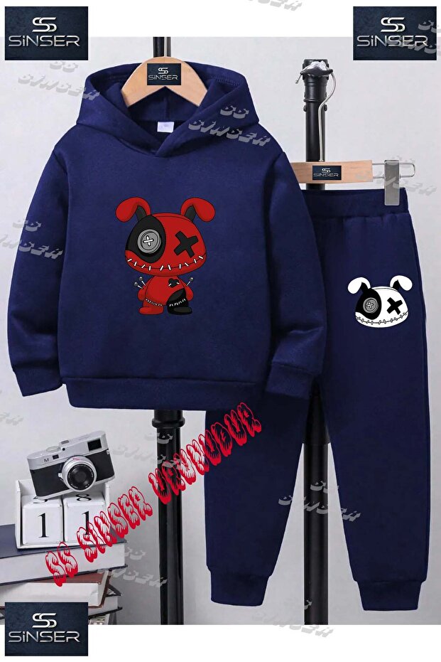 Children's Unisex "Bear Patched Red Black” Special Printed Hooded Tracksuit Set
