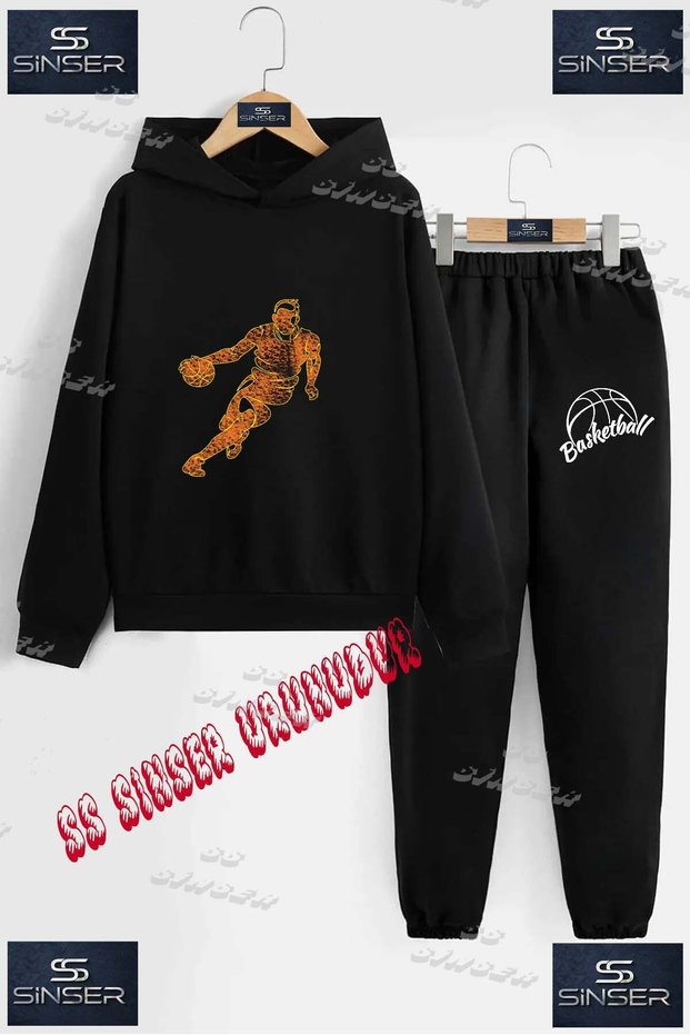 Children's Unisex Custom Printed Hoodie Tracksuit Set with the Text: "Basketball Player Flaming Flame