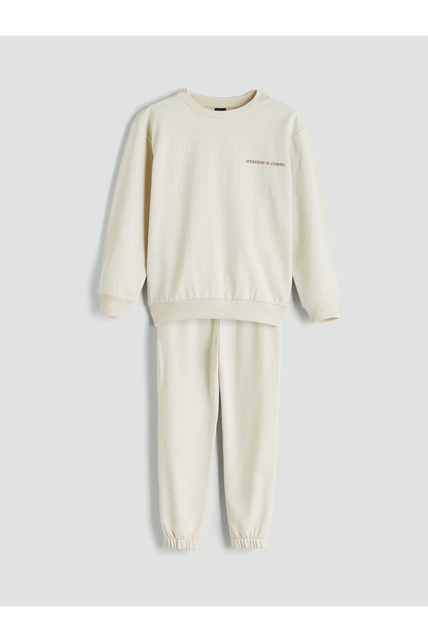 Bej Bisiklet Yaka Erkek Çocuk Eşofman Takımı - 1