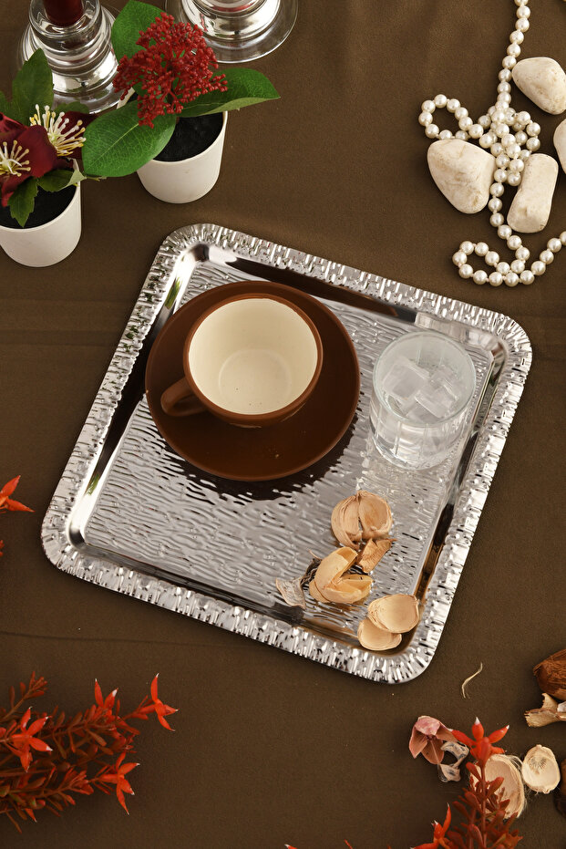Alora Silver Stainless Patterned Square 1-Piece Coffee Tea Serving Tray