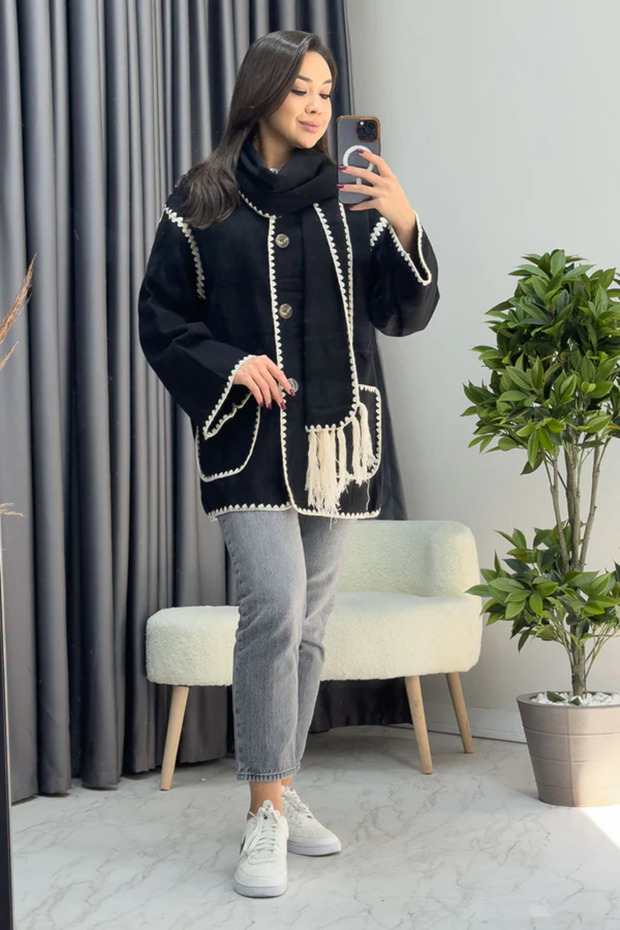 Düğmeli Atkılı Çoban Dikiş Kaban - 2